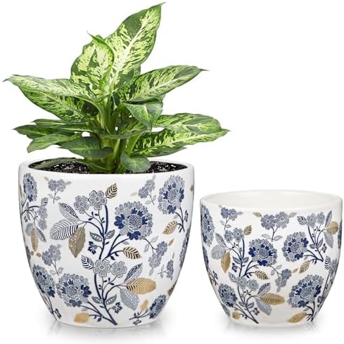 Decorative Flower Pots Blue and White Plant Pot Gold Accent Ceramic Planters for Indoor Plants Pots with Drainage Retro Planter Pot for Succulents Cactus Herb Snake Plants Outdoor Garden, 7.6/5.5 Inch by GnFlus