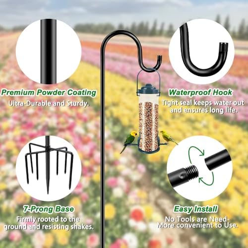 ANIDEER 84" Shepherds Hooks for Outdoor, Heavy Duty Garden Bird Feeder Pole Hanging Bird Feeder, Solar Light Lanterns, Outdoor Plant Hanger Hook with 7 Base Prongs, 2 Packs - Image 2