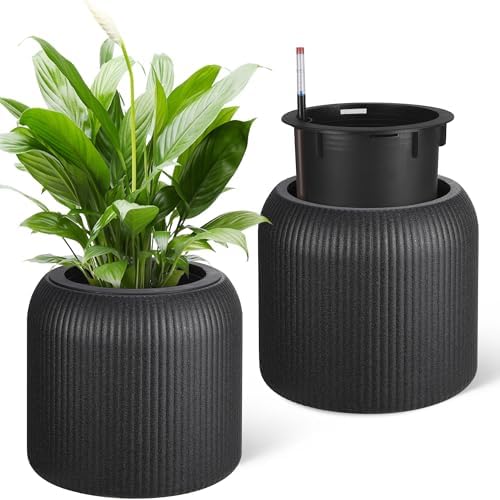 Hipicute 14 Inch Tall Self Watering Pots Set of 2 with Water Level Monitor, Tall Planters for Indoor and Outdoor Plants, Flower Pots for Living Room, Bedroom, Office, Patio, Porch, Garden, Black by Hipicute