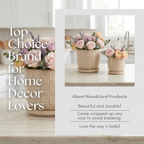 Decorative Flower Planter with Squoval Pattern and Saucer Plate - Home Decor Plant Pots for Indoor and Outdoor Styling - Perfect Plant Pots Accent for Plant Stand Indoor - Set of 2, 7", 6", Ivory - Image 6