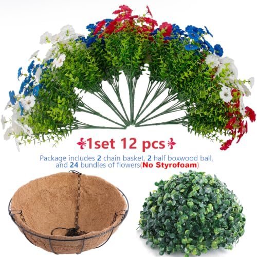 Hananona 2 Set Artificial Outdoor Flowers with Hanging Basket, 2 Hanging Planters with 24 Pcs Patriotic Flowers for Summer Front Porch Patio 4th of July Decor (Red, White, Blue) - Image 4