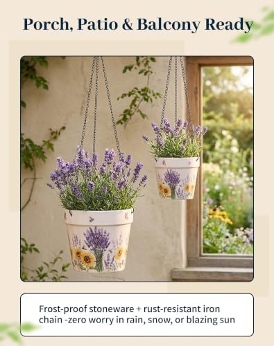 Stoneware Hanging Planters Set of 2, Large 7" + Small 5" - Image 4
