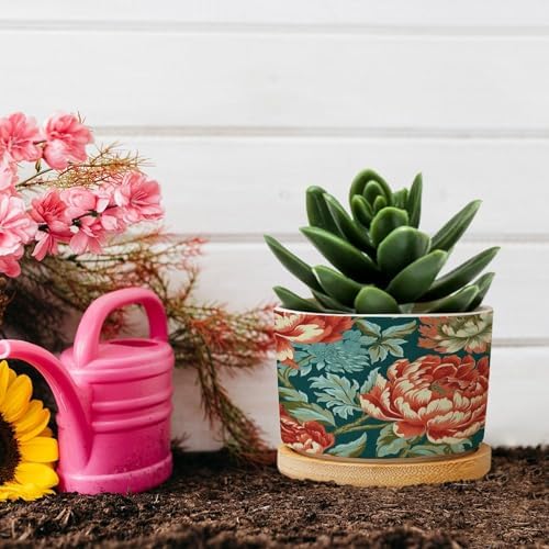 Chinoiserie Coral Peony Floral Ceramic Planters Floral Botanical Painting Planters for Indoor Plants with Drainage Holes and Saucers Pot for Pots Outdoor Indoor Plants - Image 5