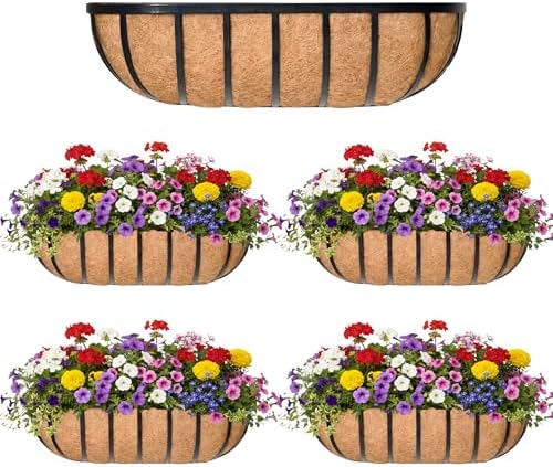 16“ Window Box Railing Planter with Coco Liner Metal Wall-Mounted Coconut Liner Basket English Horse Trough Planter for Outdoor Deck Balcony Porch Fence Patio Black (4 Pack) by KIDYBELL