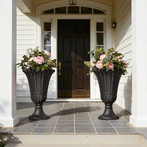 Tall Plastic Urn Planters for Outdoor Plants Set of 2-23.6" H Classic Petal Design Indoor Large Flower Pots with Drainage Holes, Outdoor Planters for Porch Decor/Garden Vase, Black - Image 6