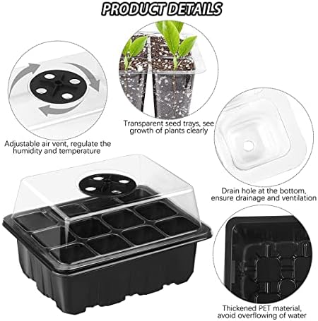 Seed Starter Trays, Reusable Seed Starter Tray 12 Holes,with Air Vent Humidity Dome and Drain Hole Base for Seedling, Seed Growing and Seed Starting,7.3 x 5.7 x 4.3 inches (5 PCS-Black) - Image 6