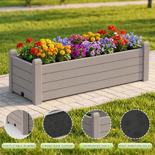 Vixzen Raised Garden Bed Resin Planter Box with Wood Grain Finish, Lockable Wheels, Support Poles & Bottom Storage Shelf, Built-in Drainage for Outdoor Vegetables Flowers (Light Brown) - Image 7
