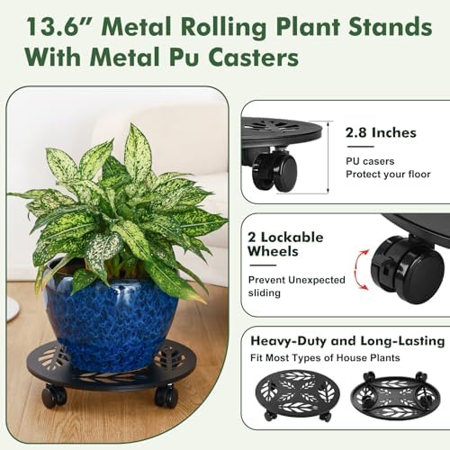 Planterhoma 2 Packs 12 Inch Rolling Plant Stand with Wheels Metal Plant Caddy with Wheels Heavy Duty Plant Rollers with Wheels Round Wrought Iron Plant Stand with Clear Saucers, Matte Black - Image 2