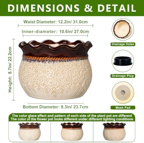 Ceramic Plant Pots, 12 Inch Ceramic Planter, Beige-Brown - Image 2