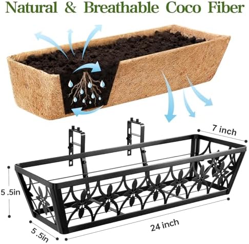 24 Inch Window Boxes Planters Railing Planter Box - 6 Pack Deck Railing Planter Boxes with Adjustable Brackets Coco Liners Balcony Planters Railing Hanging for Window Flower Boxes Outdoor Garden Decor - Image 2