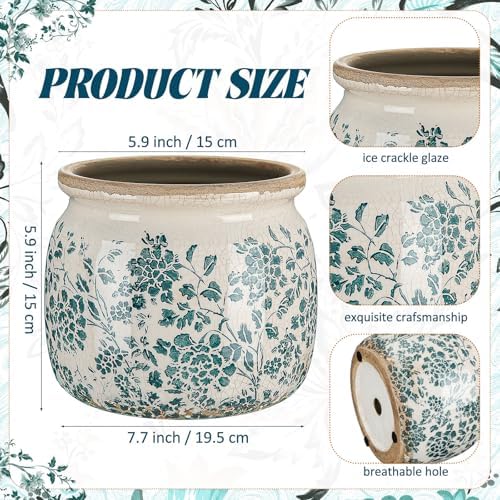 7.7" Large Ceramic Plant Pot Beige Green Vintage Peony Crackle Glaze Rustic Flowers Pot Decorative Planter with Drainage for Indoor Outdoor Plants Home Kitchen Office Decor Gift - Image 2