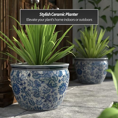 Red Lantern Large 18" Porcelain Fishbowl Blue & White Floral Planter or Cachepot for Indoor/Outdoor Use in Garden Entryway Living Room Boho Eclectic Modern Contemporary Classic Traditional Style Decor - Image 2