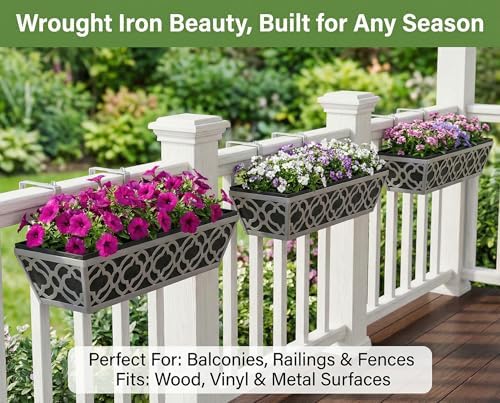 Y&M 2Pcs 24'' Railing Planter Box Set with Black Non-Woven Fabric Liner, Flower Boxes with Adjustable Brackets, Large Metal Hanging Window Boxes for Fence, Deck, Balcony, and Garden - Image 5