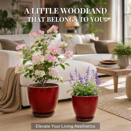 10 Inch Ceramic Planter with Drainage Hole Saucer(Red) - Image 2