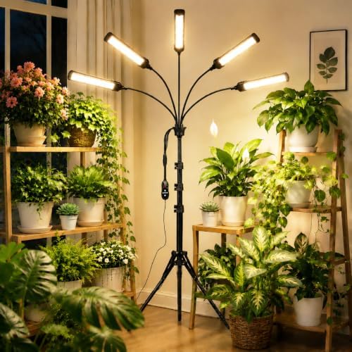 5 Heads LED Grow Lights for Indoor Plants Full Spectrum 450 LEDs, Plant Lights for Indoor Growing with Tripod Stand, Floor Grow Light with Auto 3/6/9/12/15/18H Timer for Indoor Tall Plants. by MIEEMCLUX