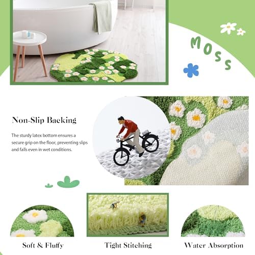 YIKUSH Moss Rug, Cute Green Plant Bath Mat with White Flowers, 29x26 Inch - Image 4