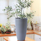 Large Lightweight Tall Plant Pots with Drainage Hole and Saucer, Set of 2 Tall Plastic Planters Indoor Outdoor Flower Pot Tall Planters (Grey Wooden-Matte Finish, 21 Inch, Round) - Image 4
