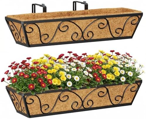 Y&M 24 Inch Window Deck with Coco Liner, Fence Metal Hanging Flower Planter Window Basket Deck Railing Planter Boxes for Outdoor Garden Lawn-Butterfly, 2pcs by YM