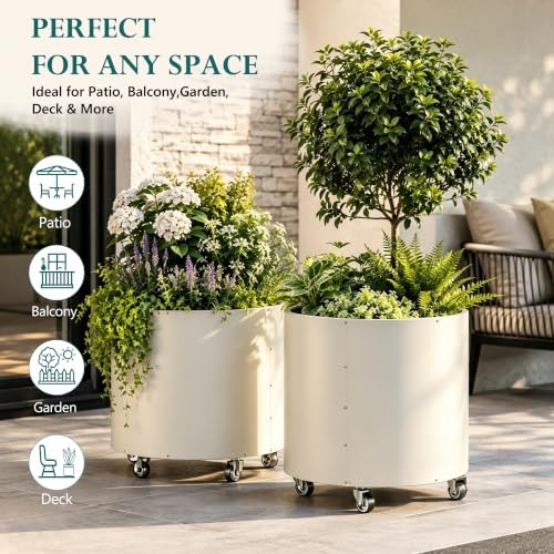 2 Pack Large Round Metal Tree Planter with Wheels, 22"Tall Outdoor Tree Pot - Image 7