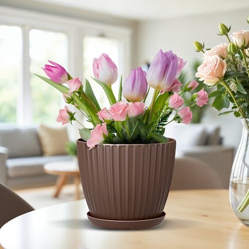 Brown 6-Inch Plant Pots with Drainage & Saucers 24 Pack, Indoor & Outdoor Planters for Houseplants, Herbs, and Flowers, Durable & Weatherproof Material, Stackable, Lightweight, Minimalist Design - Image 7