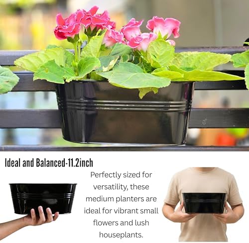 LaLaGreen Outdoor Plants Rail Planter (11.2 Inch, 10 Pack) Black Metal Iron Hanging Flower Pots Deck Railings Fence Buckets Modern Boho Style Wall Mount Window Box Plant Holder Hooks Porch Home Decor - Image 5