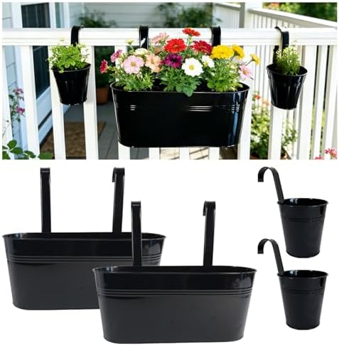 4 Pack Mixed Size Metal Fence Planters Set with Detachable Hooks, Black by JOYFERNAL