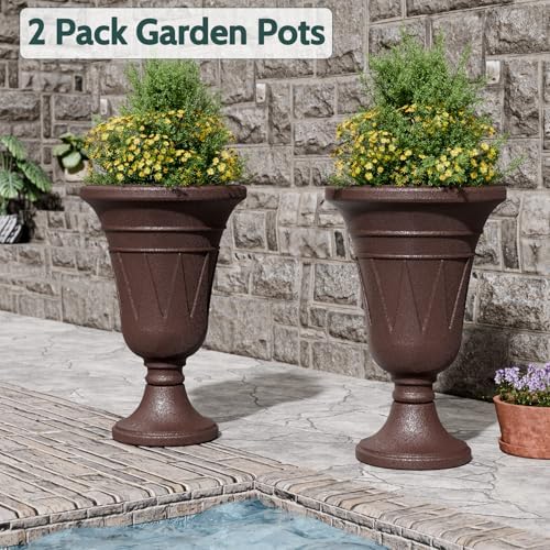 Tall Plastic Urn Planters and Pedestal - 24" Outdoor Planter Brown - Image 4