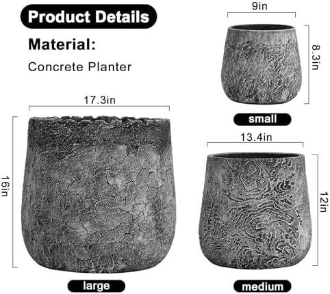 Craft flowerpots 18"+13"+9" Dia Round Concrete Planter Set of 3 Large Outdoor/Indoor Planter Pots Containers with Drainage Holes and Rubber Plug for Home Garden (Dark Gray, Large) - Image 3