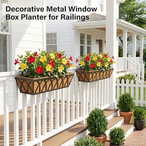 HFHOME 24 inch 2 Pack Railing Planter Boxes, Heavy Duty Window Box Planters, Adjustable Balcony Planters for Railing Hanging, with Coco Liner & Support Rod for Deck, Porch, and Patio Gardening - Image 3
