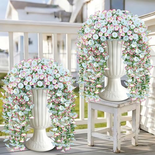 Artificial Hanging Flowers for Outdoors, 4 PCS 600 Blooms UV Resistant Morning Glory Faux Silk Vines, No-Odor Realistic Fake Plants for Garden Planter Porch Patio Decoration, Blue & White by JulakoOnline