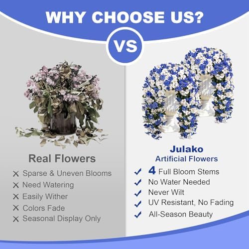 Artificial Hanging Flowers for Outdoors, 4 PCS 544 Blooms UV Resistant Morning Glory Faux Silk Vines, No-Odor Realistic Fake Plants for Garden Planter Porch Patio Decoration, White Blue - Image 3