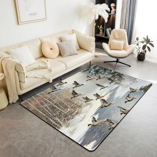 Erosebridal Mallard Duck Woodland Area Rug 4'11" x 3'3" Snow River Winter Living Room Rugs Hunting Wildlife Decorative Carpet Wild Ducks Plants White Indoor Floor Mat by Erosebridal