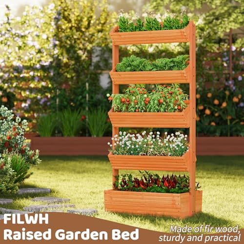 Wooden Raised Garden Bed Vertical Planter Box, Freestanding Plant Stand for Indoor Outdoor Plants, Herbs, Flowers, Vegetables, Gardening (Reddish Brown, 5-Tier，29.9 x 17.9 x 68in) - Image 2
