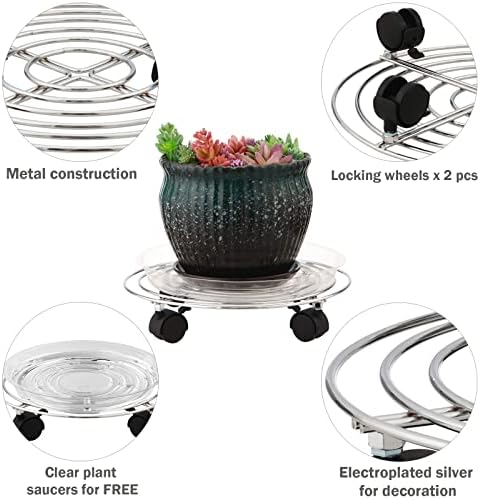 5 Packs Metal Plant Caddy with Wheels 11.8” Heavy-duty Rolling Stand Wheeled Dolly Indoor Outdoor Planter Mover Rollers, Flower Pot Coaster Trolley, Silver - Image 2