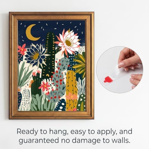 Framed Canvas Wall Art Bohemian Gouache Desert Night Cereus Flowers Navy and Coral Cacti Canvas Print Poster Gold Frame Wall Decor for Living Room Bedroom Boho Art, Desert Decor - Inch 12x16 - Image 2