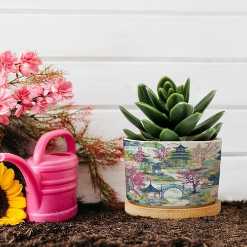 Chinoiserie White Coral Asian Planters Ceramic Chinoiserie Chic Asian Round Flower Pots with Drainage Holes and Bamboo Tray Pot for Home Office Decoration - Image 5