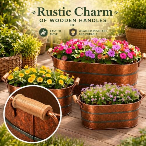 Zonon 3 Pcs Oval Galvanized Flowers Planter Tub with Handles, 17/12/10 in - Image 3