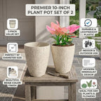10 inch Garden Planter Lightweight Indoor Outdoor Pots with Drainage Hole for Potted Plants Flowers Greenery, Set of 2 (Beige Grain Texture) - Image 3