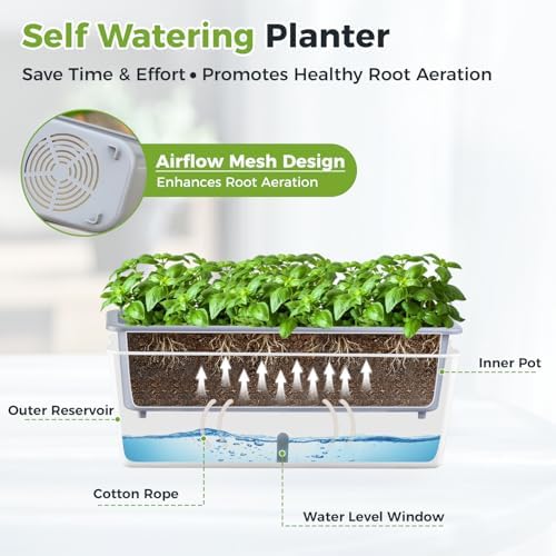 4 Pack Rectangular Planter 17 x 4.5 in Self Watering Planter Window Sill Planters Indoor Rectangle Planter Self Watering Pots Plastic Plant pots with Drainage Holes White Flower Pot Indoor - Image 4