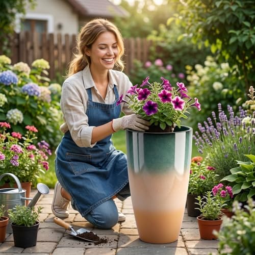 Sun-E Tall Planters for Outdoor Indoor Plants, 21-Inch Large Planter with Removable Insert Shelf, High Glossy Glazed Ceramic-Look Tri-Tone Gradient Tall Flower Pots for Entryway Corner Luxury Decor - Image 4
