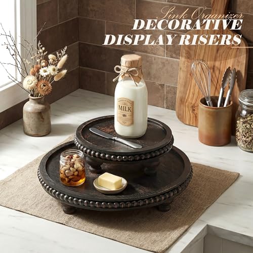 EOSAHR Pine Wood 2-Piece Display Risers - Round Display Stand, Old Black - Image 3