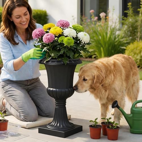 Plastic Urn Planter, Large Flower Urn for Outdoor Patio, Modern Garden Plant Pot with Drainage Hole, Decorative White Vase for Front Porch, 11.81"x19.69" (Black-4, Large) - Image 3