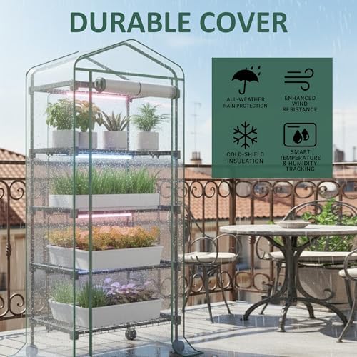 Mini Indoor Greenhouse with Grow Light - Portable Outdoor for Plants Green House Cabinet with Wheels, Tent Cover, 4 LED Lights with Dimmable 3 Color 36W, 4 Tier Gardening Shelves - Image 3