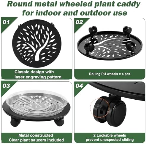 3 Packs Metal Plant Caddy with Wheels 12" Large Rolling Plant Stands Wheeled Plant Dolly Heavy-Duty Flower Pot Roller Base Movers, Black - Image 2