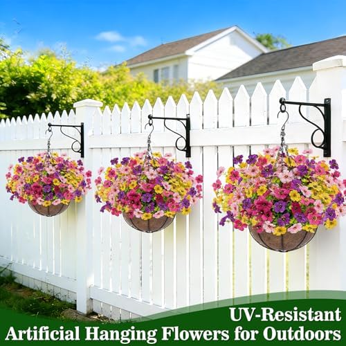 2 Sets Artificial Hanging Plants Flowers Basket Outdoor, Fake Hanging Plants 24 Pcs Flowers for Porch Patio Garden Home Decor for Spring Summer (Red, Purple, Yellow, Rose Red) - Image 5
