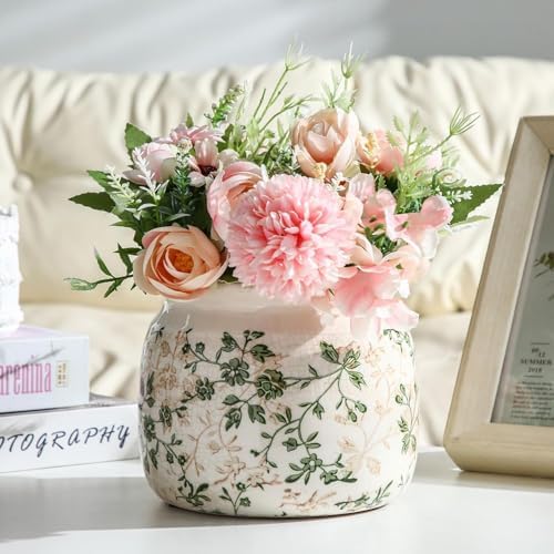7.7" Large Ceramic Plant Pot Beige Green Jasmine Vine Crackle Glaze Rustic Flowers Pot Decorative Planter with Drainage for Indoor Outdoor Plants Home Kitchen Office Decor Gift - Image 4