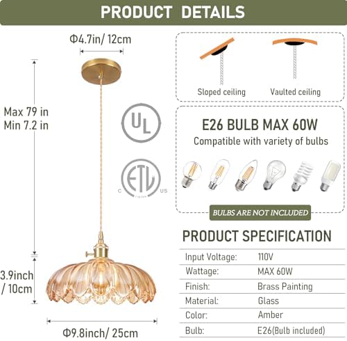 Pendant Lights Kitchen Island,Amber Glass Vintage Light Fixtures,9.8inch E26 Adjustable Hanging Light Flower Finish Ceiling Hanging Lamp for Bedroom Living Room Hallway 1 Light - Image 2