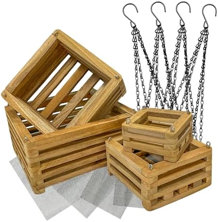Teak Orchid Hanging Basket Set (4 Pack) – Solid Teak Wood Orchid Planters – Handmade Hanging Baskets for Vanda Orchids & Air Plants (Square) by Panwa