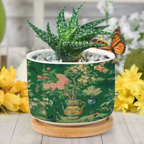 Vase Green Chinoiserie Ceramic Planter Daily Snake Plant Live Indoor with Pot with Drainage Holes and Saucers Pot for Succulents Cactus Garden Windowsill - Image 6