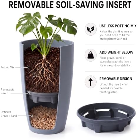 Large Lightweight Tall Plant Pots with Drainage Hole and Saucer, Set of 2 Tall Plastic Planters Indoor Outdoor Flower Pot Tall Planters (Grey Wooden-Matte Finish, 21 Inch, Round) - Image 3